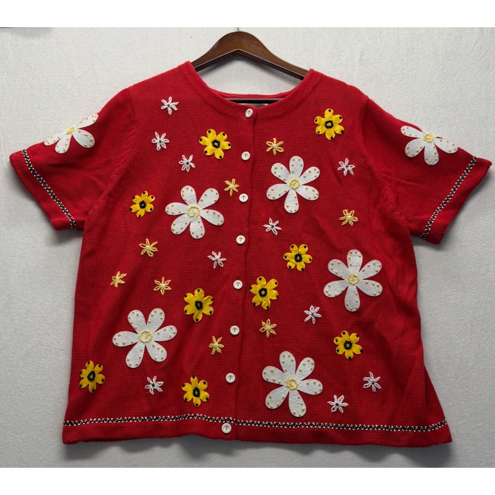 Vintage Y2K Susan Bristol Floral Applique Cardigan Cottagecore Whimsical Knit